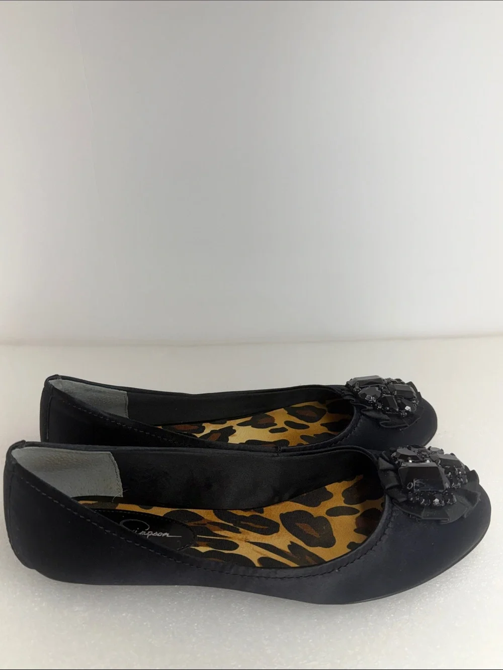 JESSICA SIMPSON Lepolia Black Satin Jeweled Rhinestone Ballet Flats Women’s 8